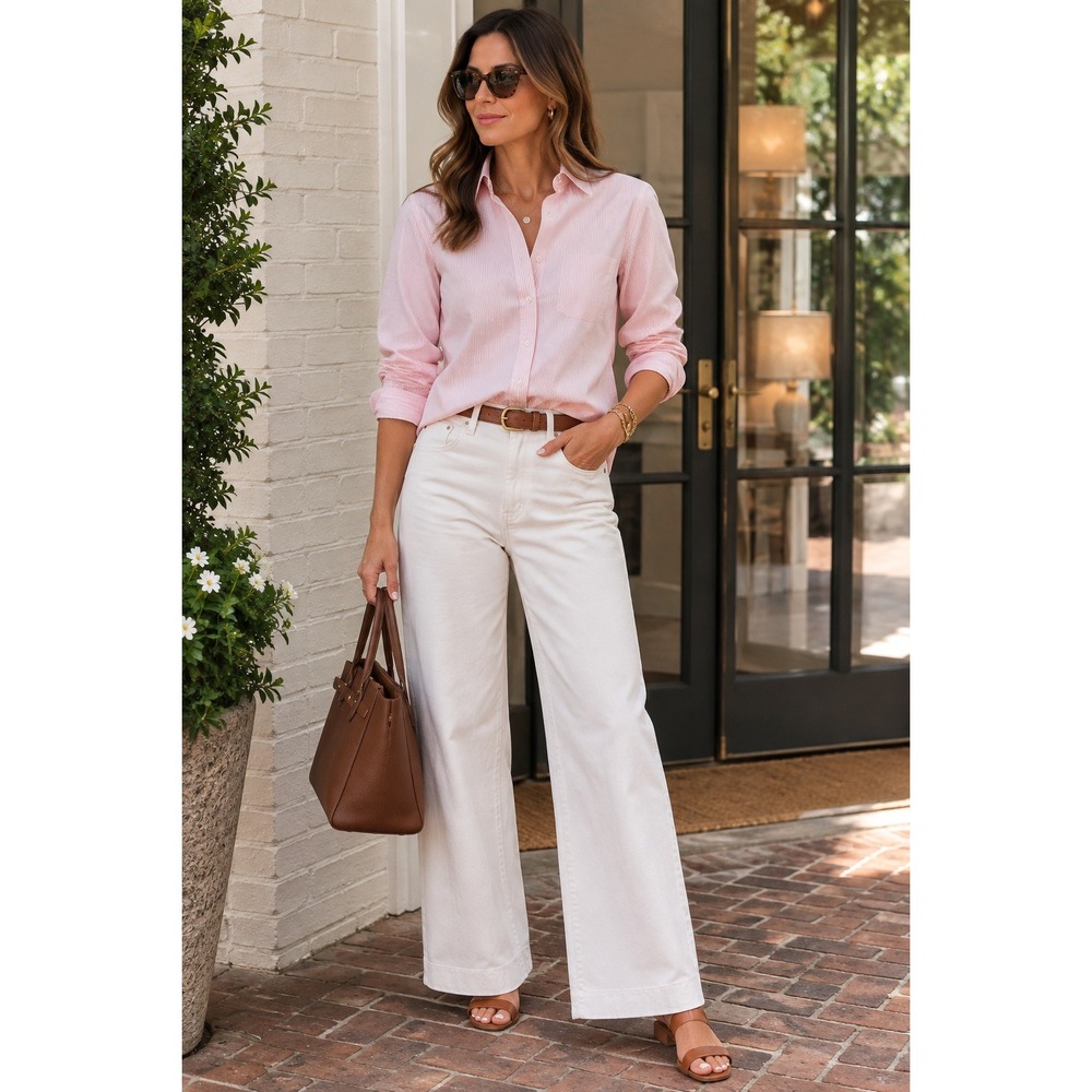 Ann Mashburn Button Down Shirt Women S Pink White Pinstripe Cotton Long Sleeve